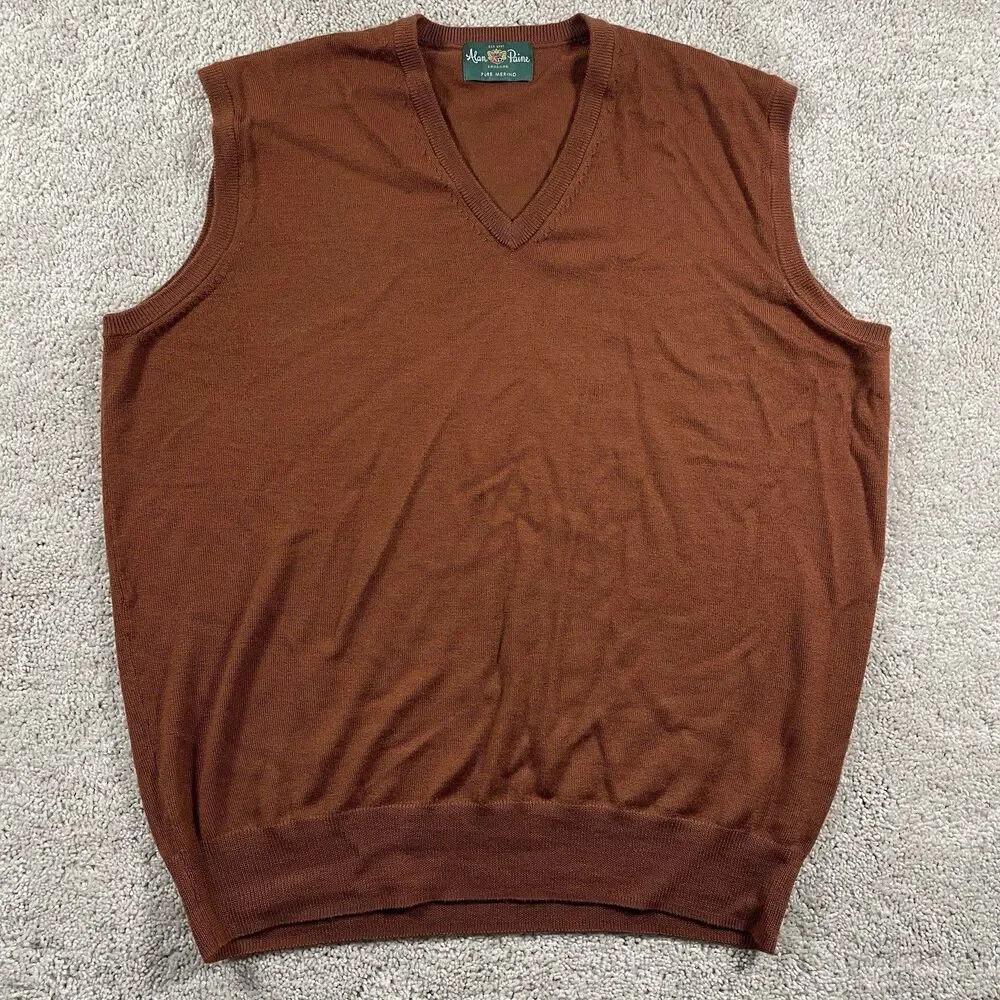 Vintage Alan Paine Men’s V-Neck Sweater Vest Brown Merino Wool UK 44 EUR 52 US L